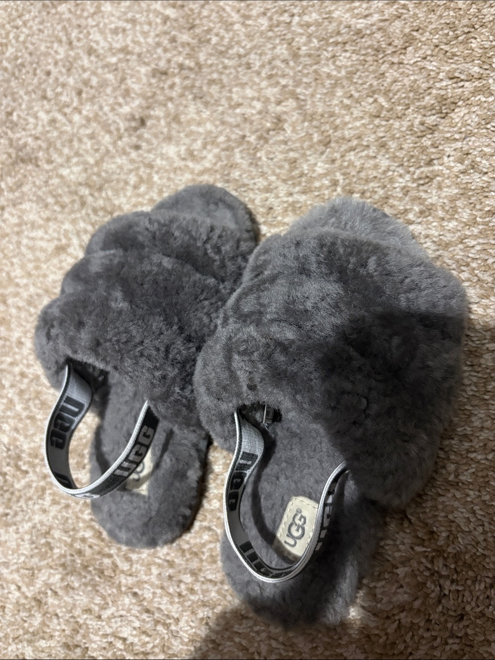 UGG Kids Charcoal Grey Plush Backstrap Slippers